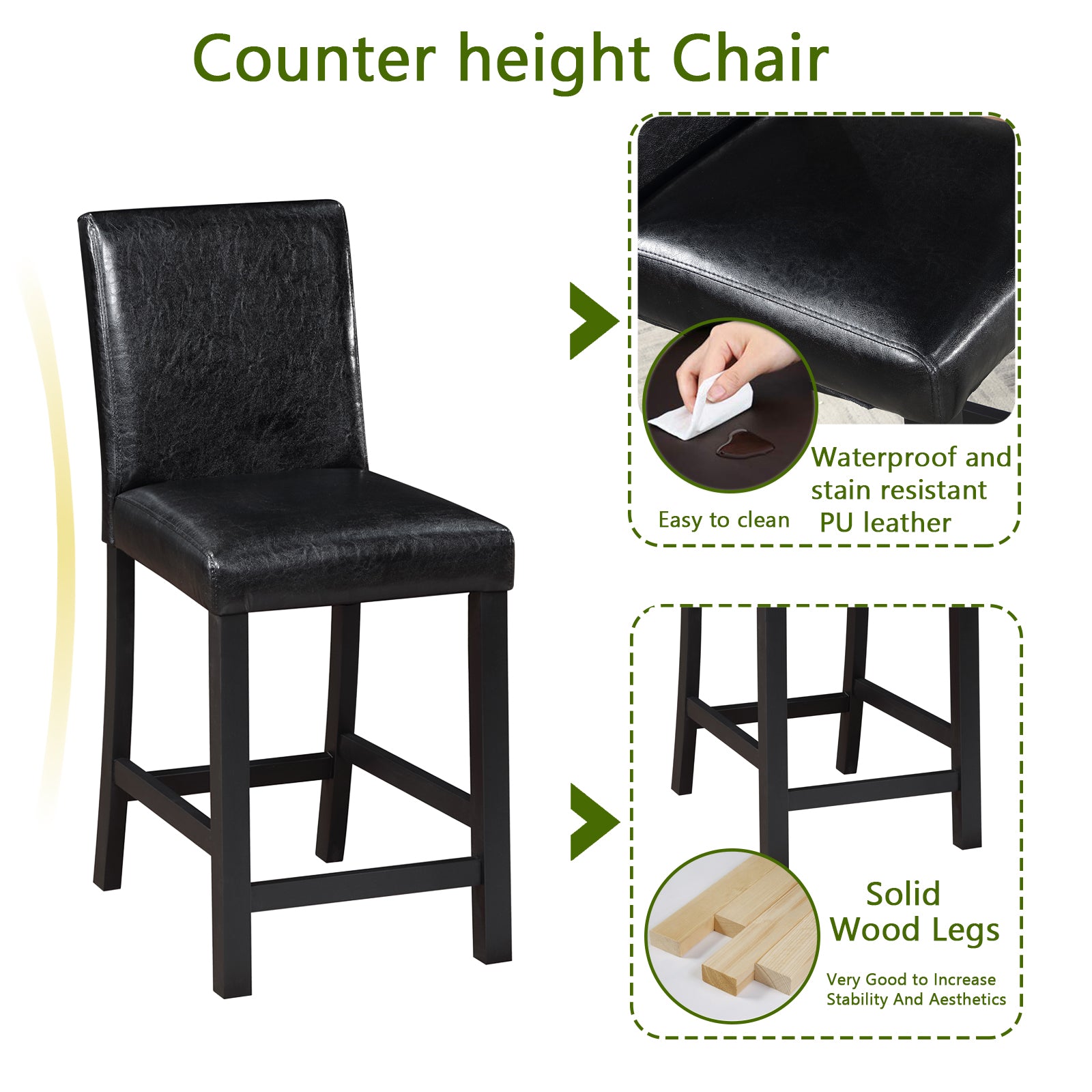 Black PU leather counter height chair with solid wood legs