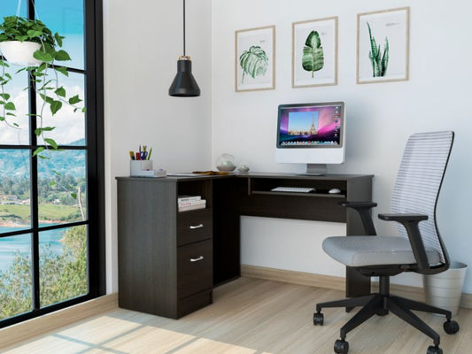 Dark wood Lshaped computer desk with drawers and keyboard tray