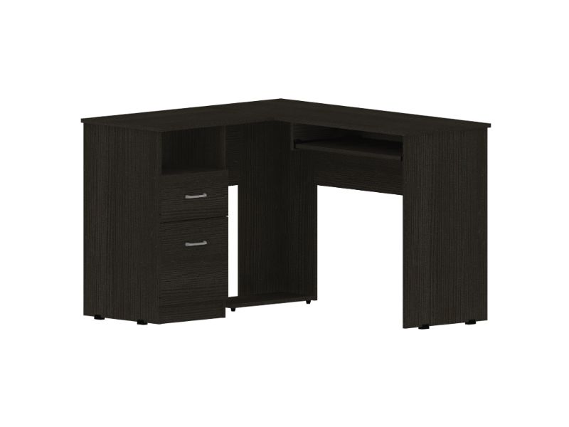Dark wood Lshaped computer desk with two drawers and a keyboard tray