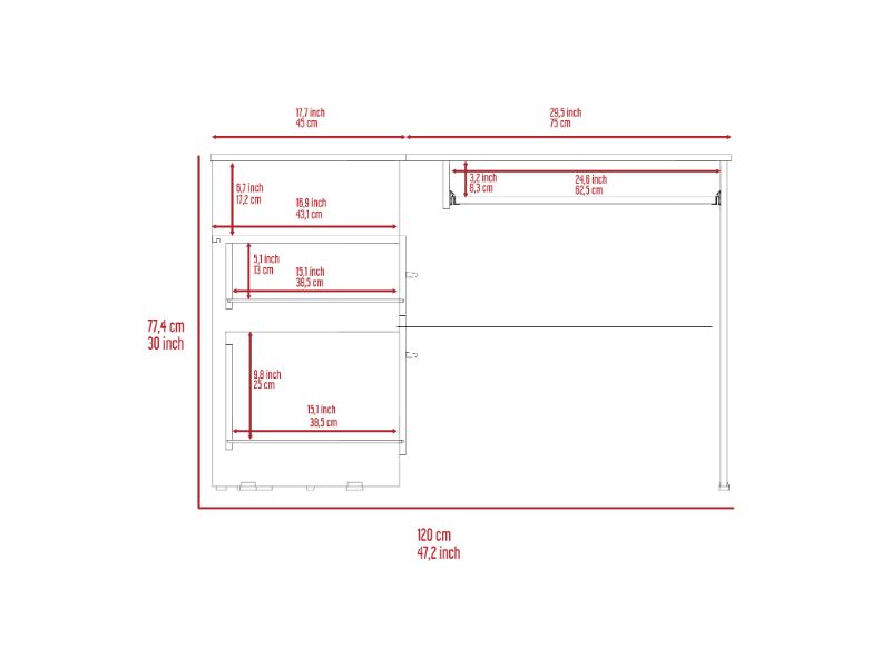 Diagram showing dimensions of a small dresser with three drawers Width cm
