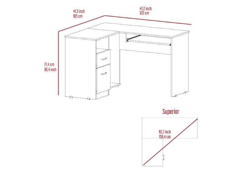 Lshaped desk blueprint with dimensions showing x workspace