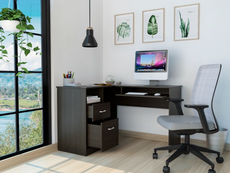 Dark wood Lshaped computer desk with pullout keyboard tray and file drawers