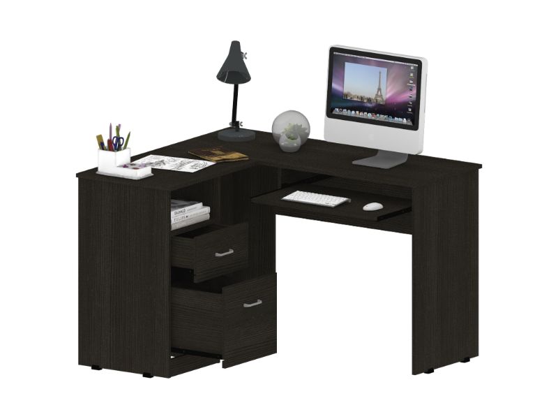 Dark wood Lshaped desk with computer keyboard and lamp for home office