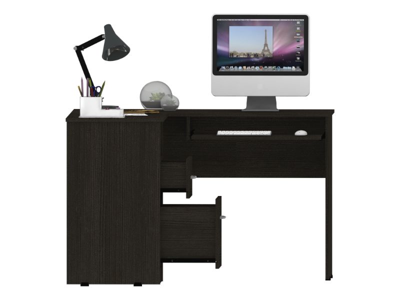 Dark wood computer desk with modern black adjustable lamp and iMac