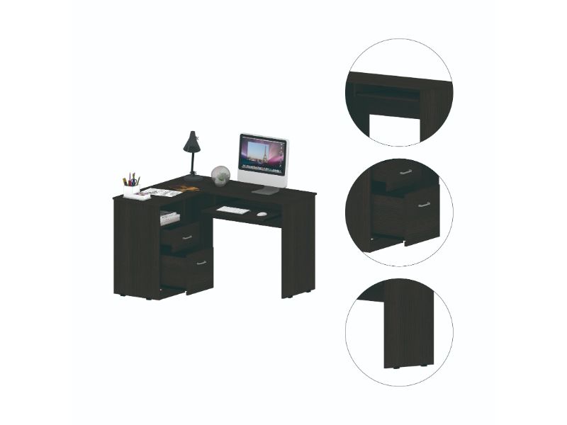 Dark brown Lshaped computer desk with keyboard tray and drawers