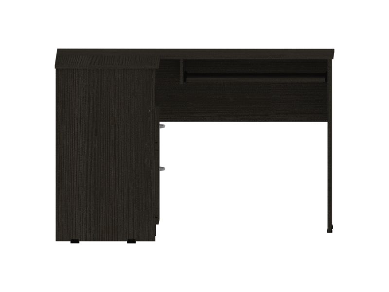 Dark wood computer desk with a single drawer and cabinet