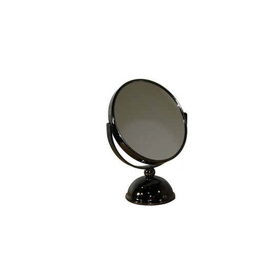 Black vanity mirror with a glossy finish and adjustable arm on a round base