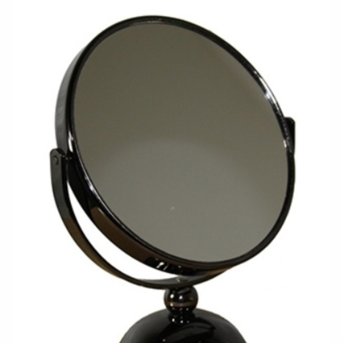 Glossy black vanity mirror with a circular reflective surface and adjustable stand for makeup application