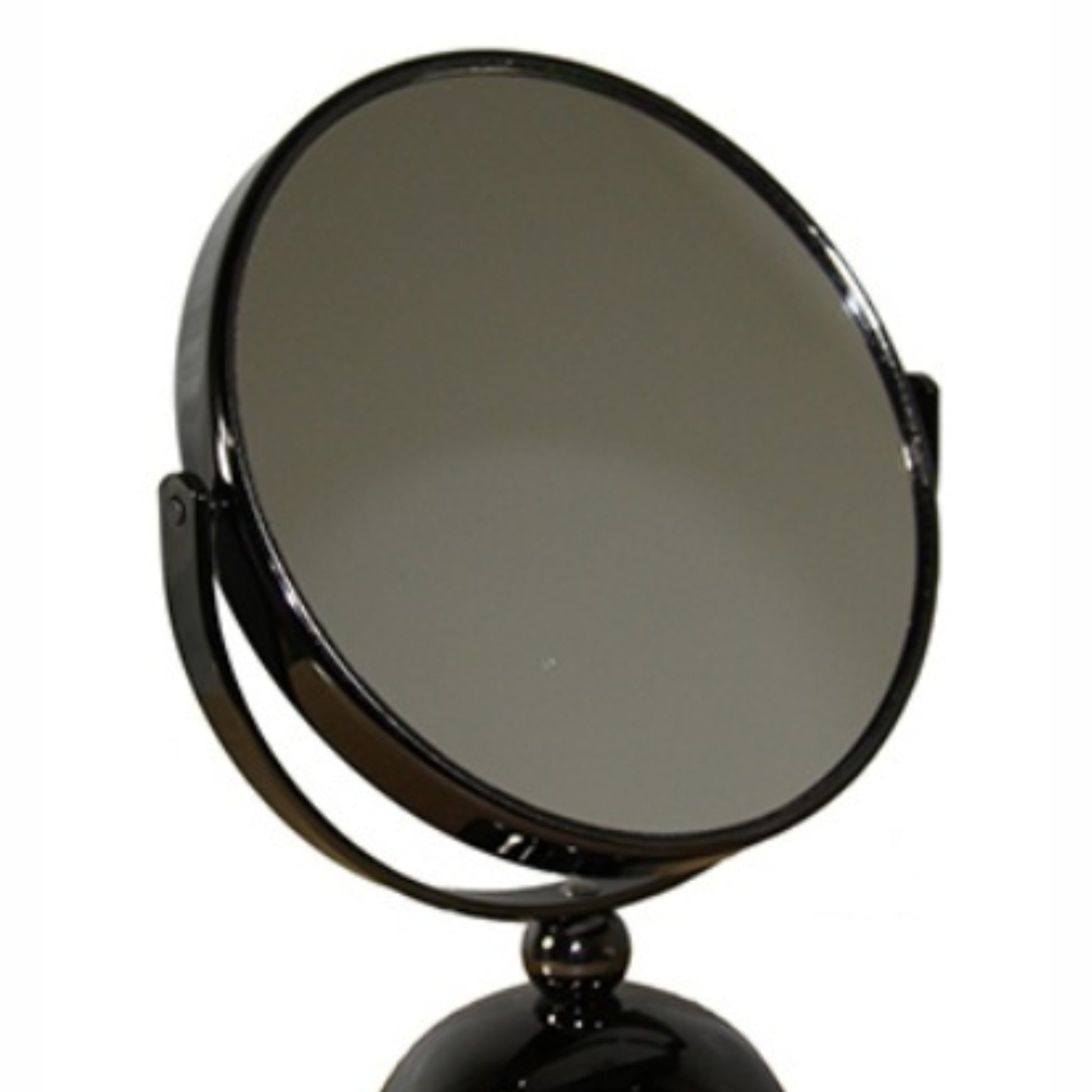 Glossy black vanity mirror with a circular reflective surface and adjustable stand for makeup application