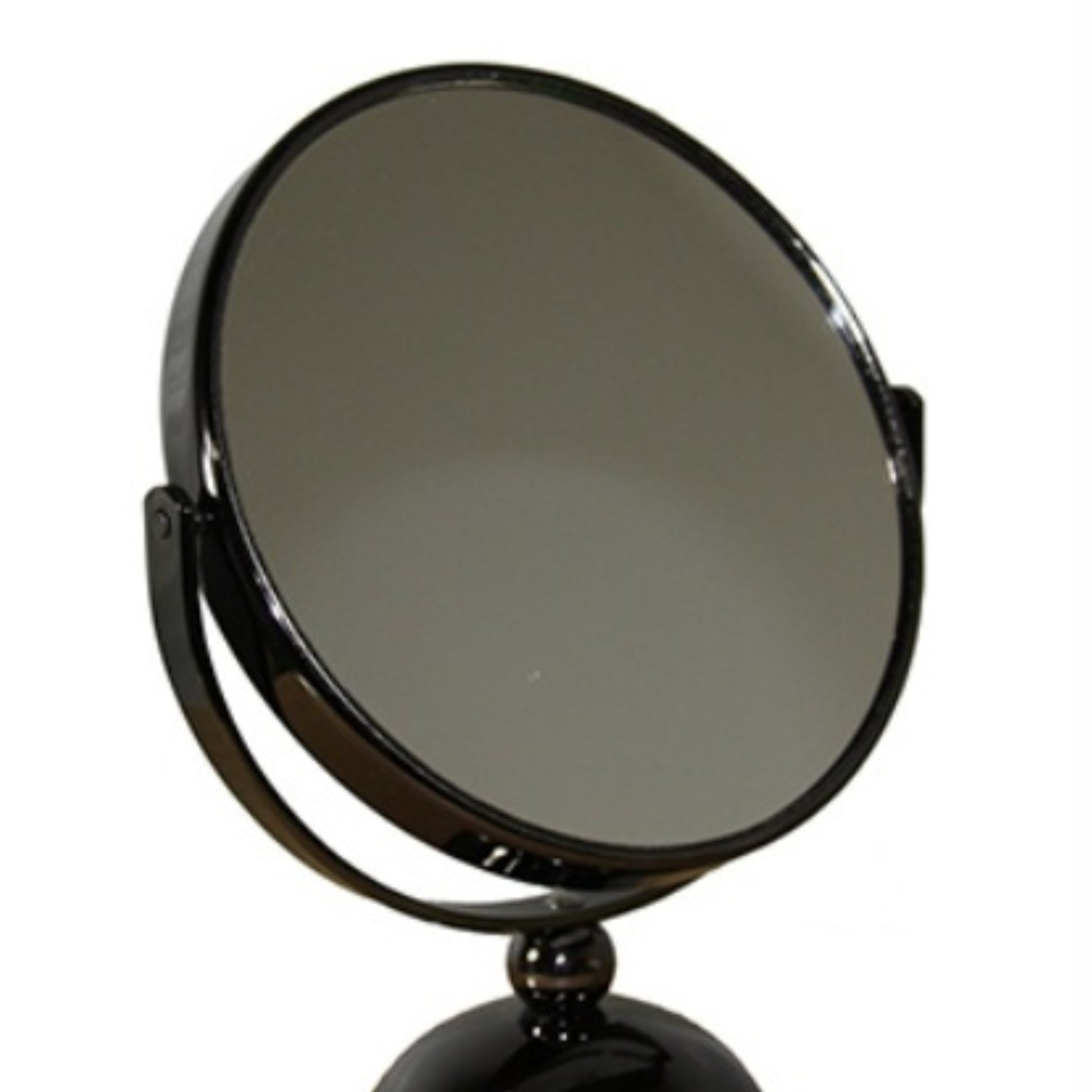 Glossy black vanity mirror with adjustable tilt and round reflective surface