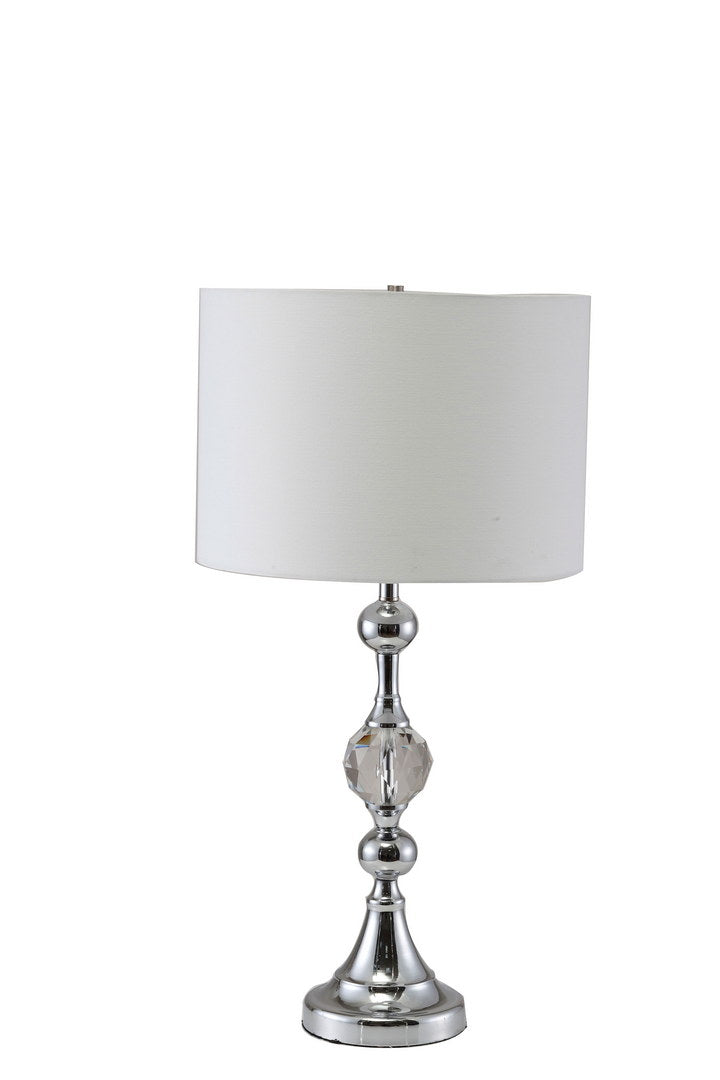 Sleek chrome table lamp with a clear crystal accent and white drum shade perfect for modern decor