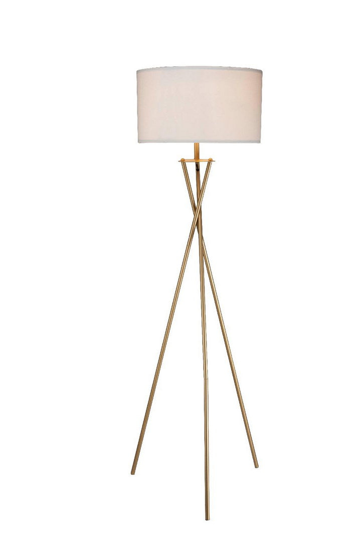 Modern gold tripod floor lamp with cream linen drum shade for living room lighting