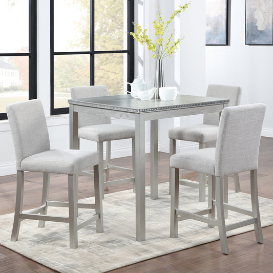 Light gray fabric counter stool with wooden legs for modern kitchens