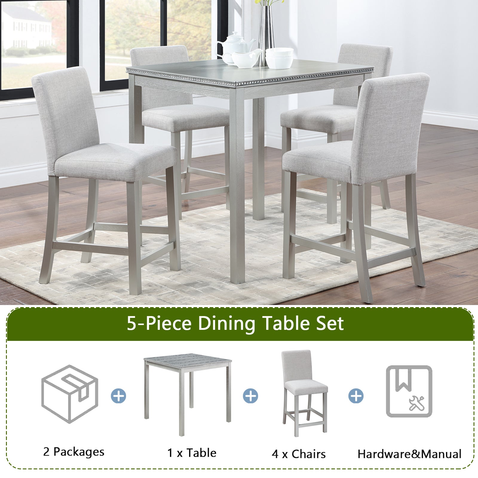 Grey fabric counter height chairs with silver wood frames around a square table