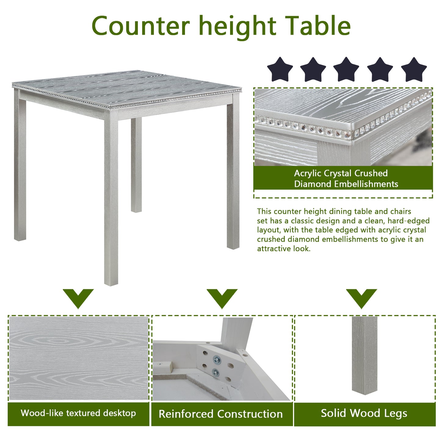 Grey woodgrain counter height table with acrylic crystal diamond embellishments