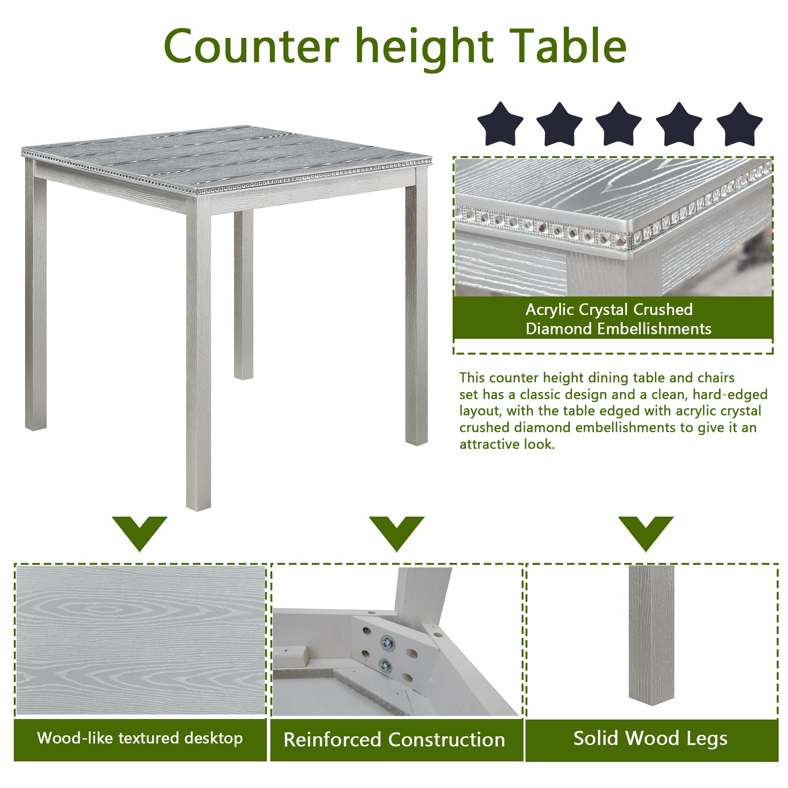 Grey woodgrain counter height table with acrylic crystal diamond embellishments