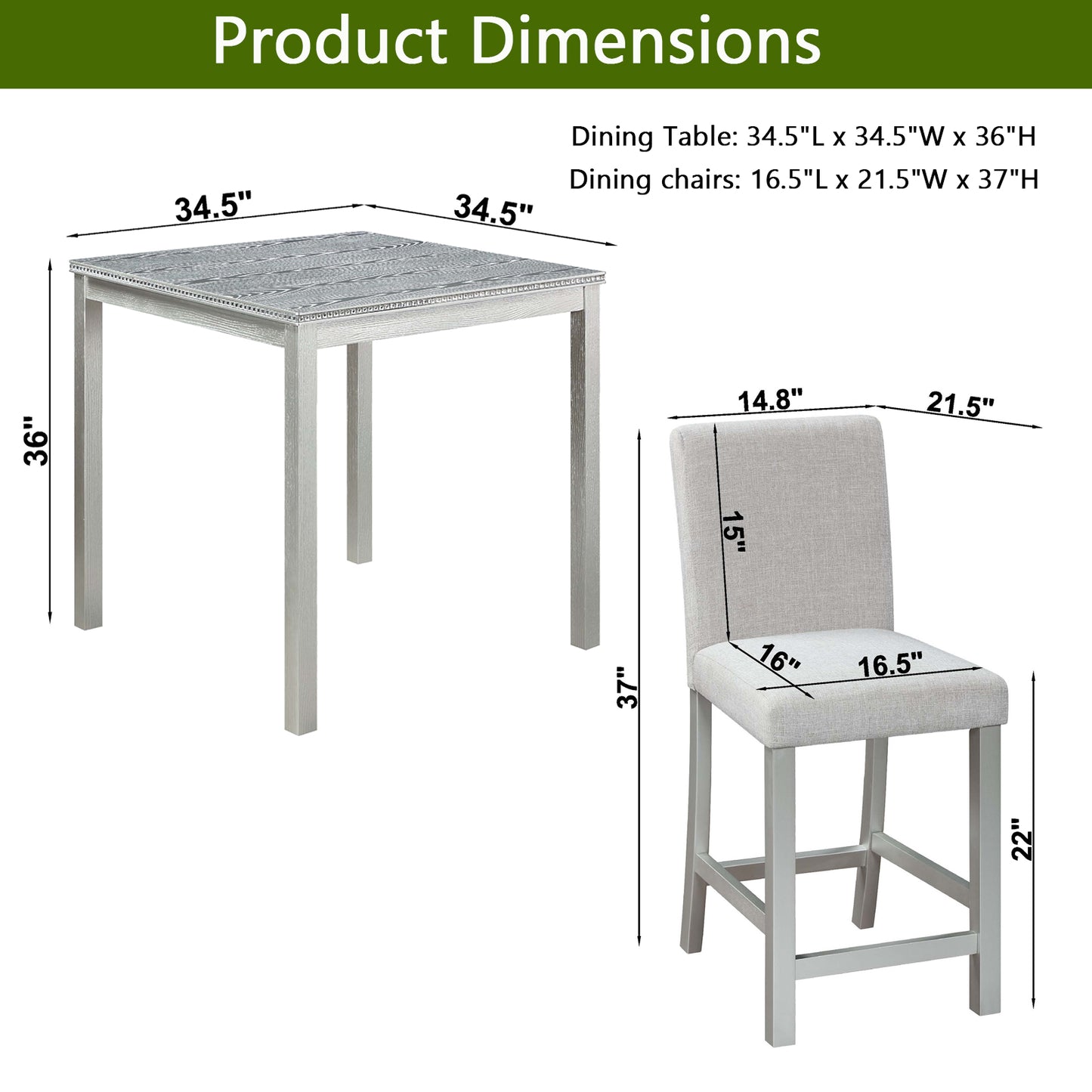 Square counter height dining table with grey wood grain top