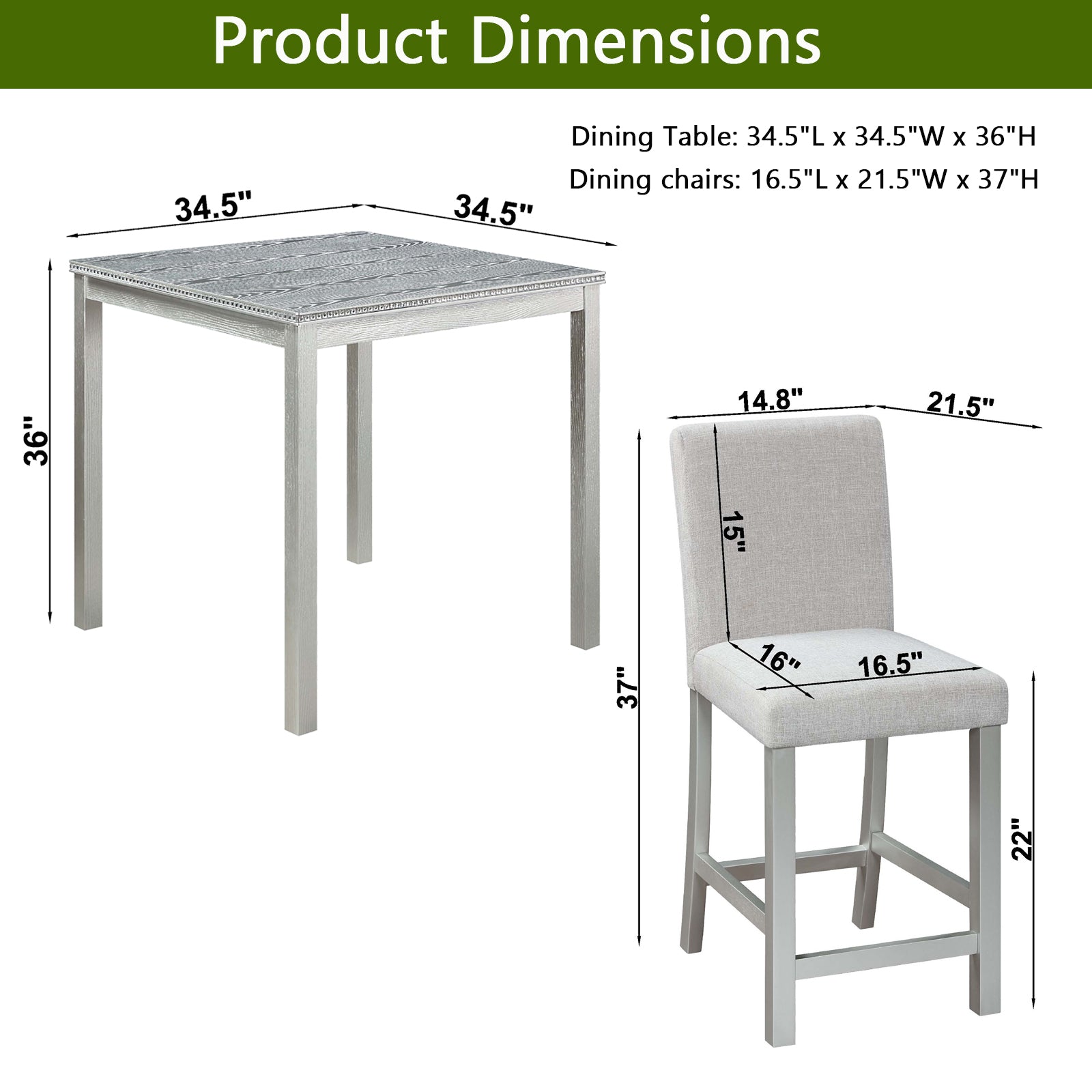 Square counter height dining table with grey wood grain top