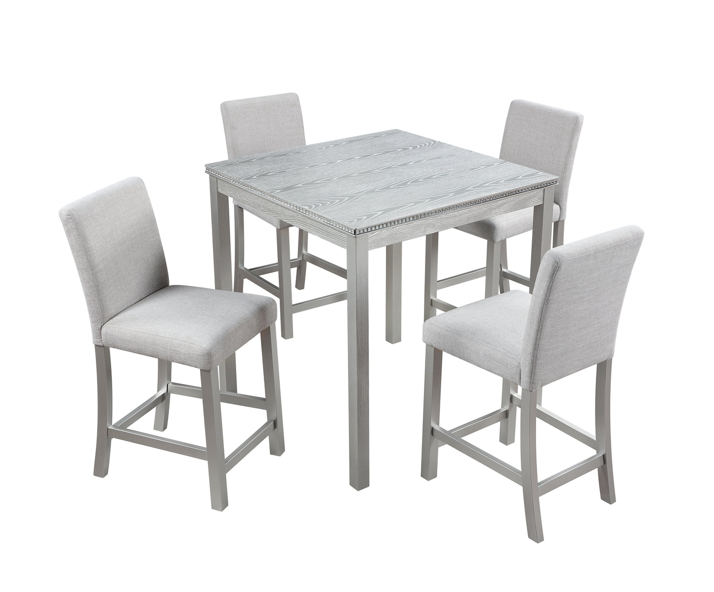 Gray wood grain counter height dining set with upholstered chairs
