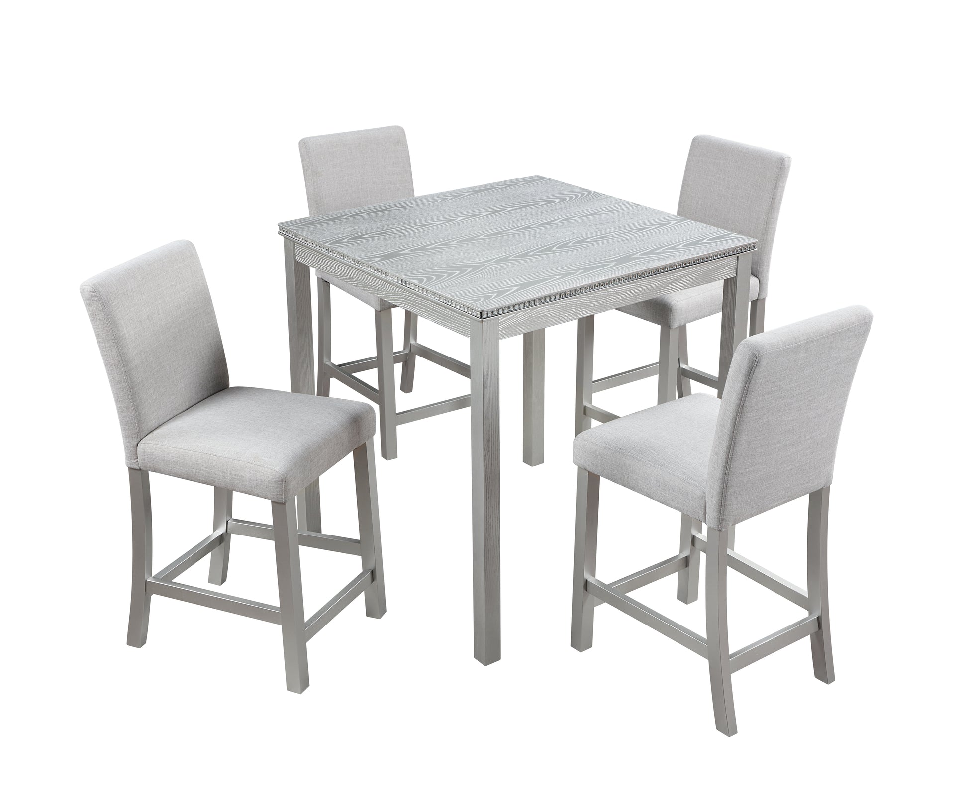 Gray wood grain counter height dining set with upholstered chairs