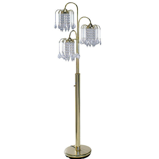 Polished brass floor lamp with three cascading crystal beaded shades