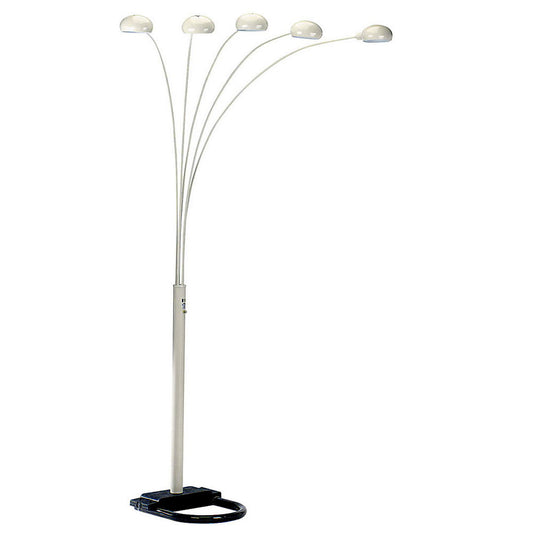 Contemporary fivehead arc floor lamp in brushed nickel with adjustable shades for targeted lighting