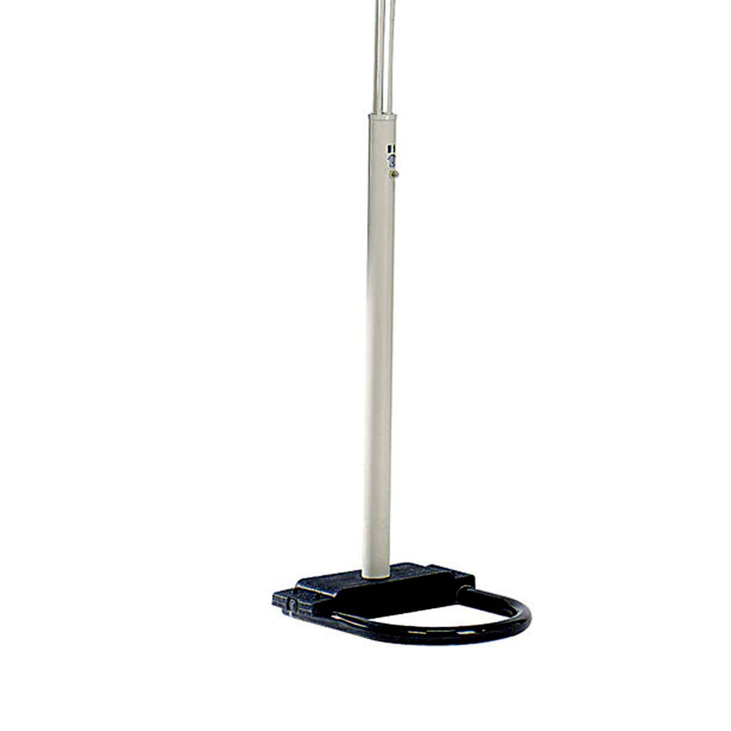 Adjustable silver height measuring stand with black base and foot loop