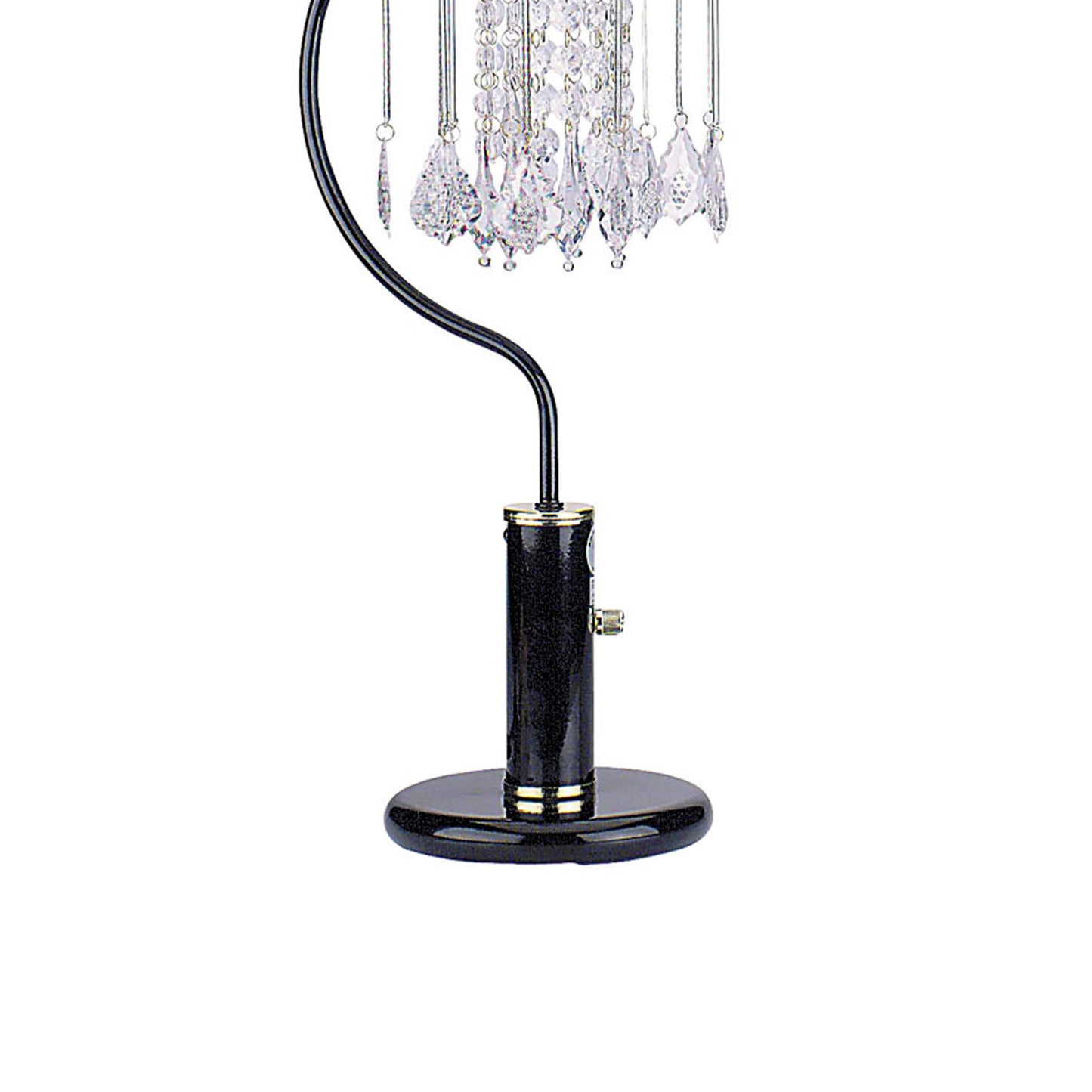 Black bedside lamp with dangling crystal accents and a metallic switch detail