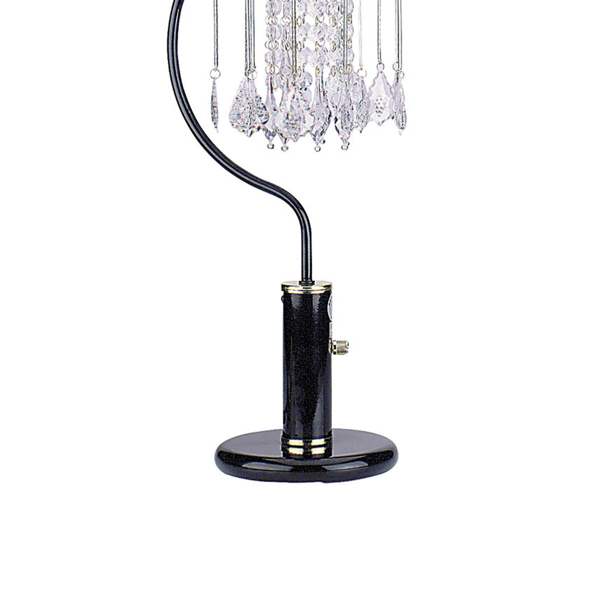 Black bedside lamp with dangling crystal accents and a metallic switch detail