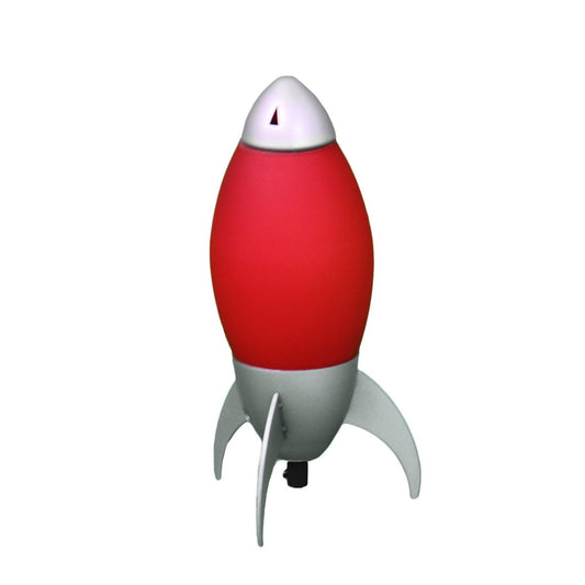 Retro rocket lamp with red body and silver fins