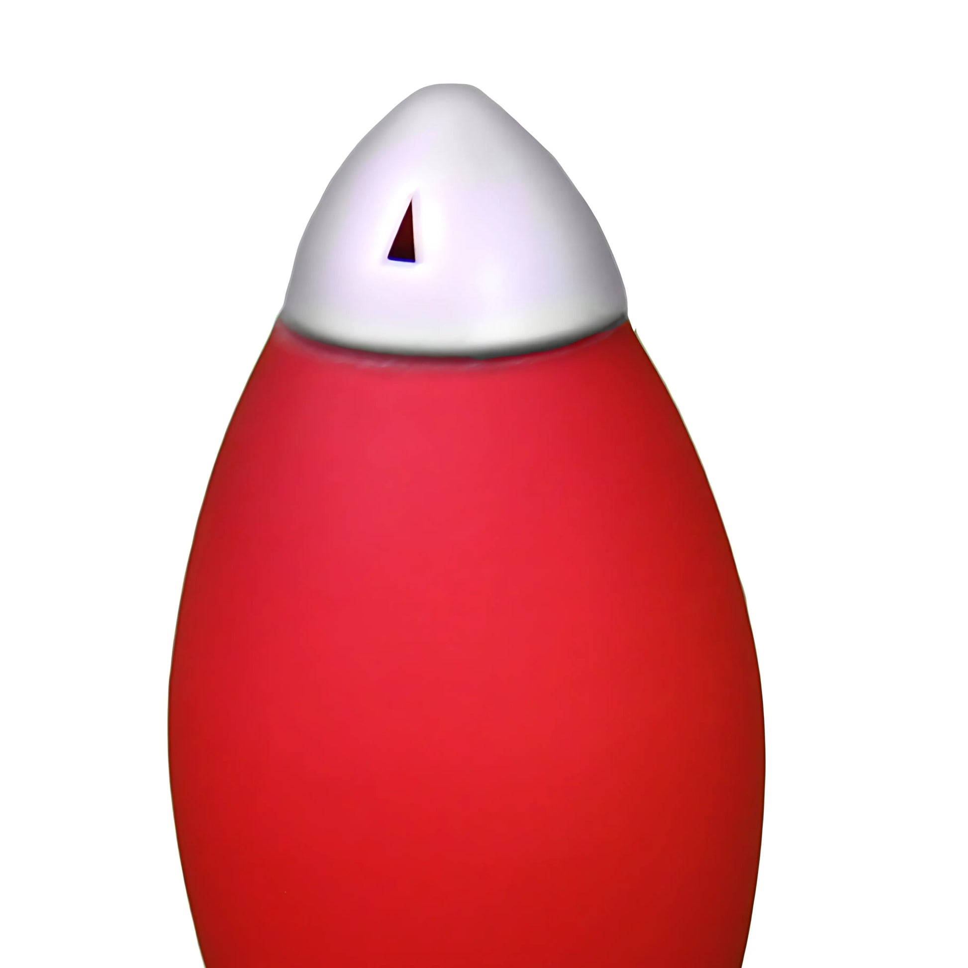 Smooth red lipstick case with a silver cap and a small triangle opening