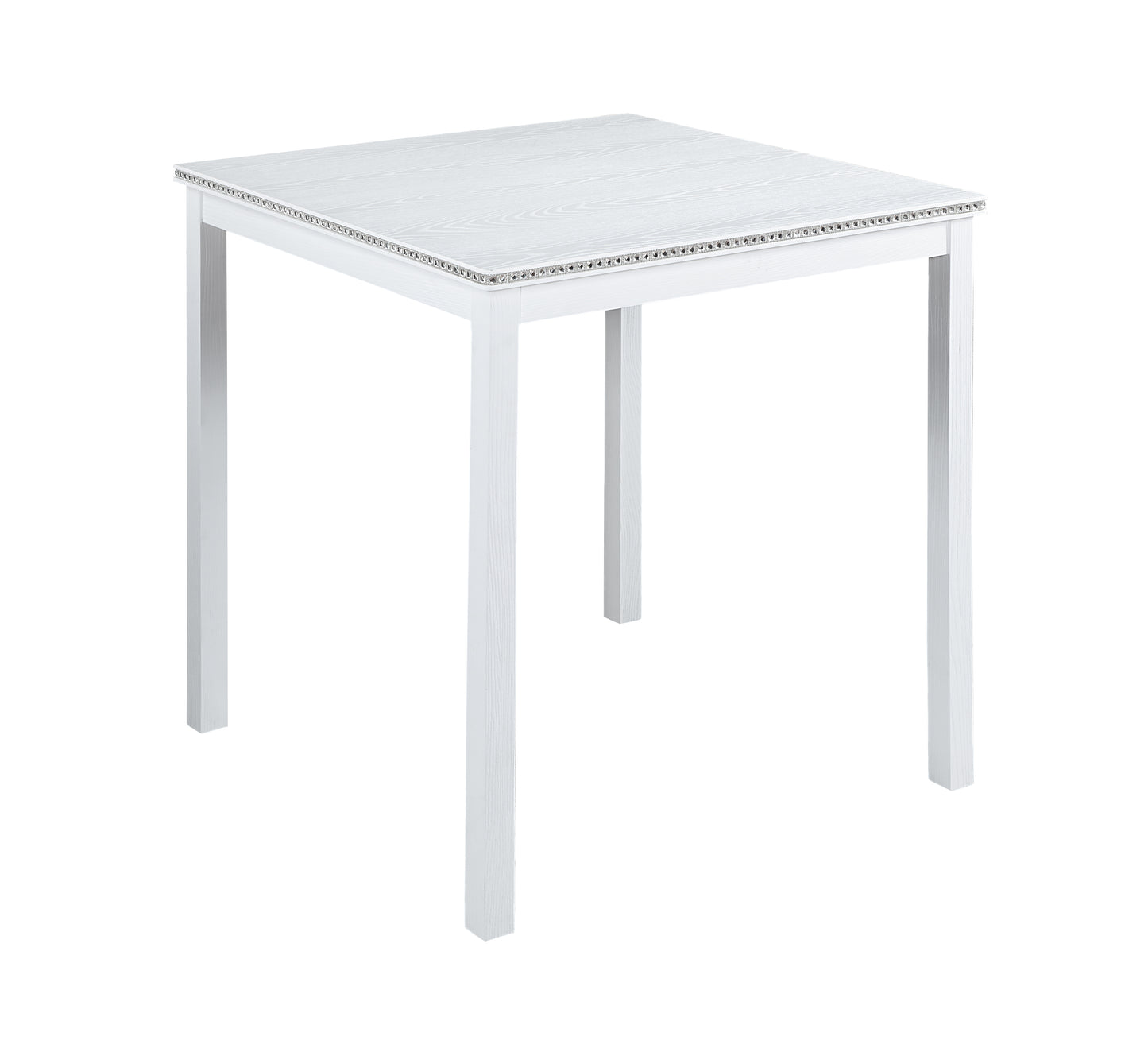 Square white wood dining table with decorative edge detail