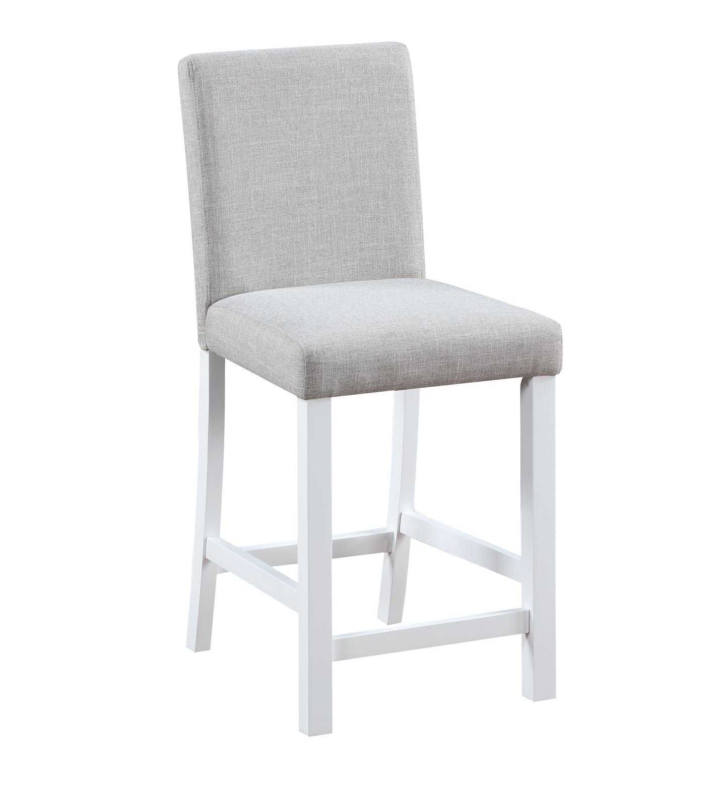 Light grey linen upholstered counter stool with white wooden legs