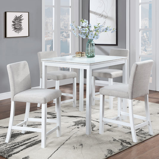 White counter height dining set with four upholstered bar stools