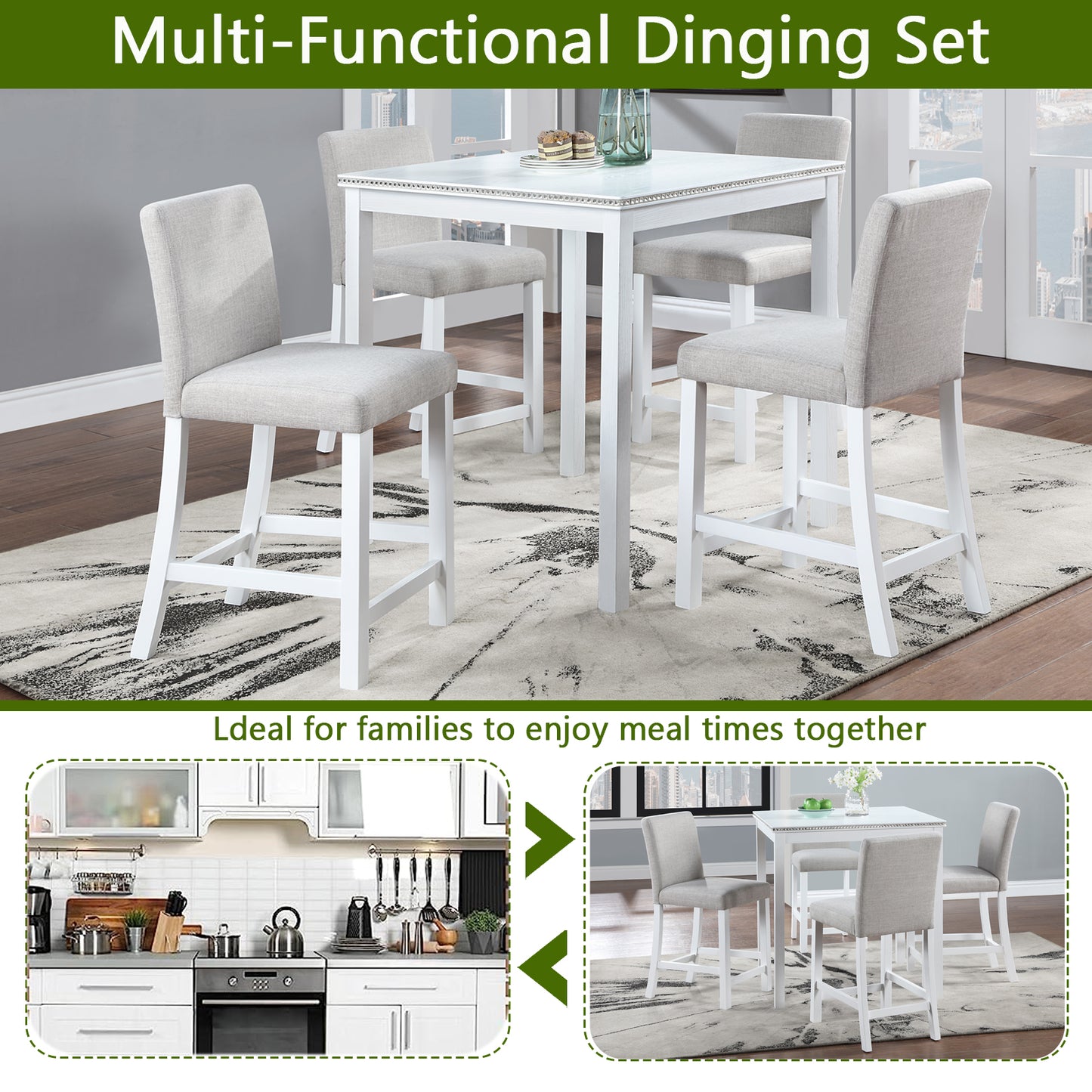 White counter height dining set with upholstered stools