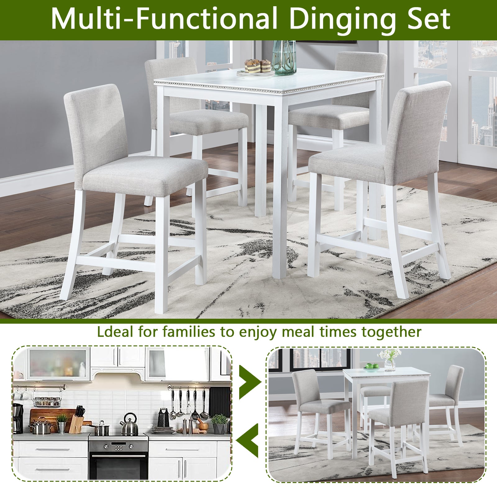 White counter height dining set with upholstered stools