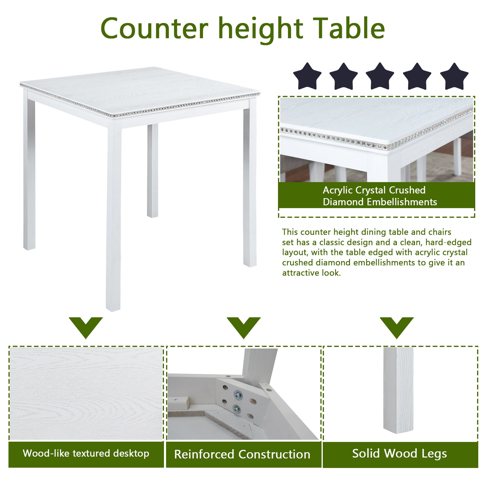 White counter height table with woodlike texture and diamond embellishments