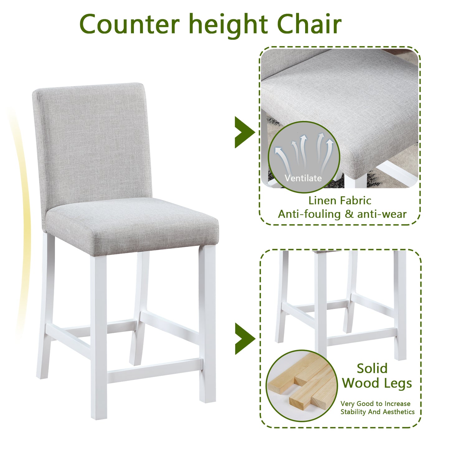 Light gray linen counter height chair with white solid wood legs