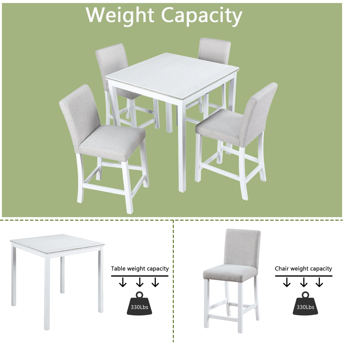 White wood counter height dining table with four gray upholstered chairs