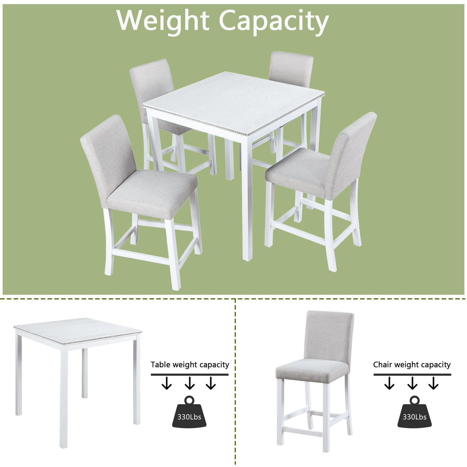 White wood counter height dining table with four gray upholstered chairs