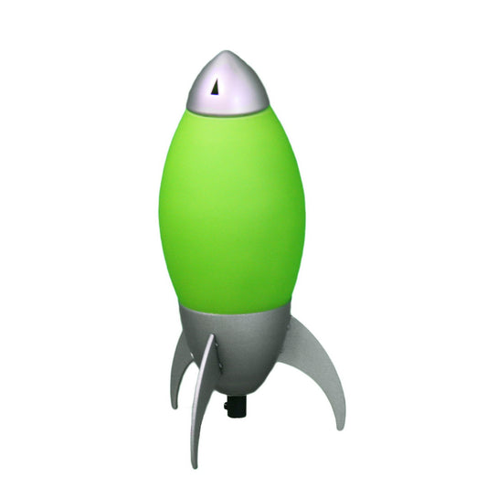Retro green rocket lamp with silver fins and tip