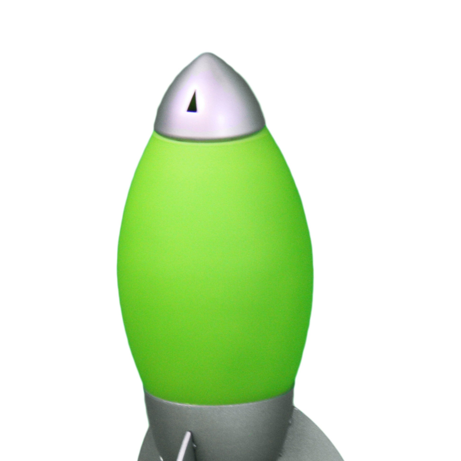 Lime green rocketshaped desk lamp with a silver tip and base