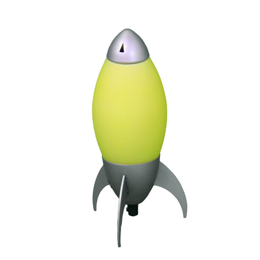Retro rocket lamp with a glowing yellow orb and silver fins perfect for spacethemed decor