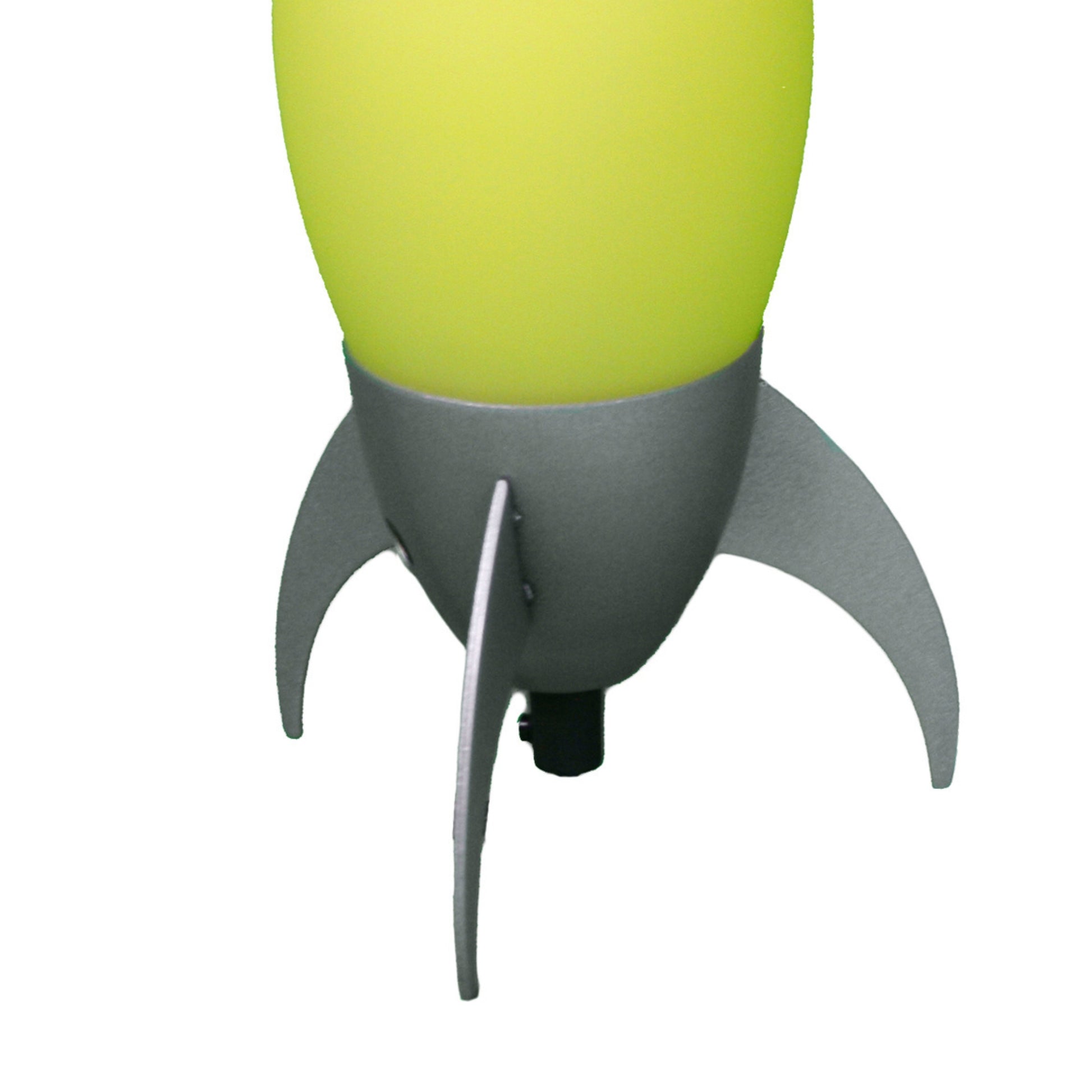Bright yellow rocket lamp base with silver fins modern design
