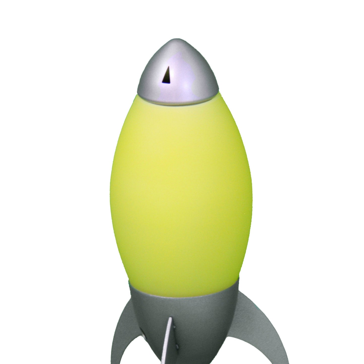 Sleek silver rocket lamp with a glowing yellow body perfect for a childs bedroom