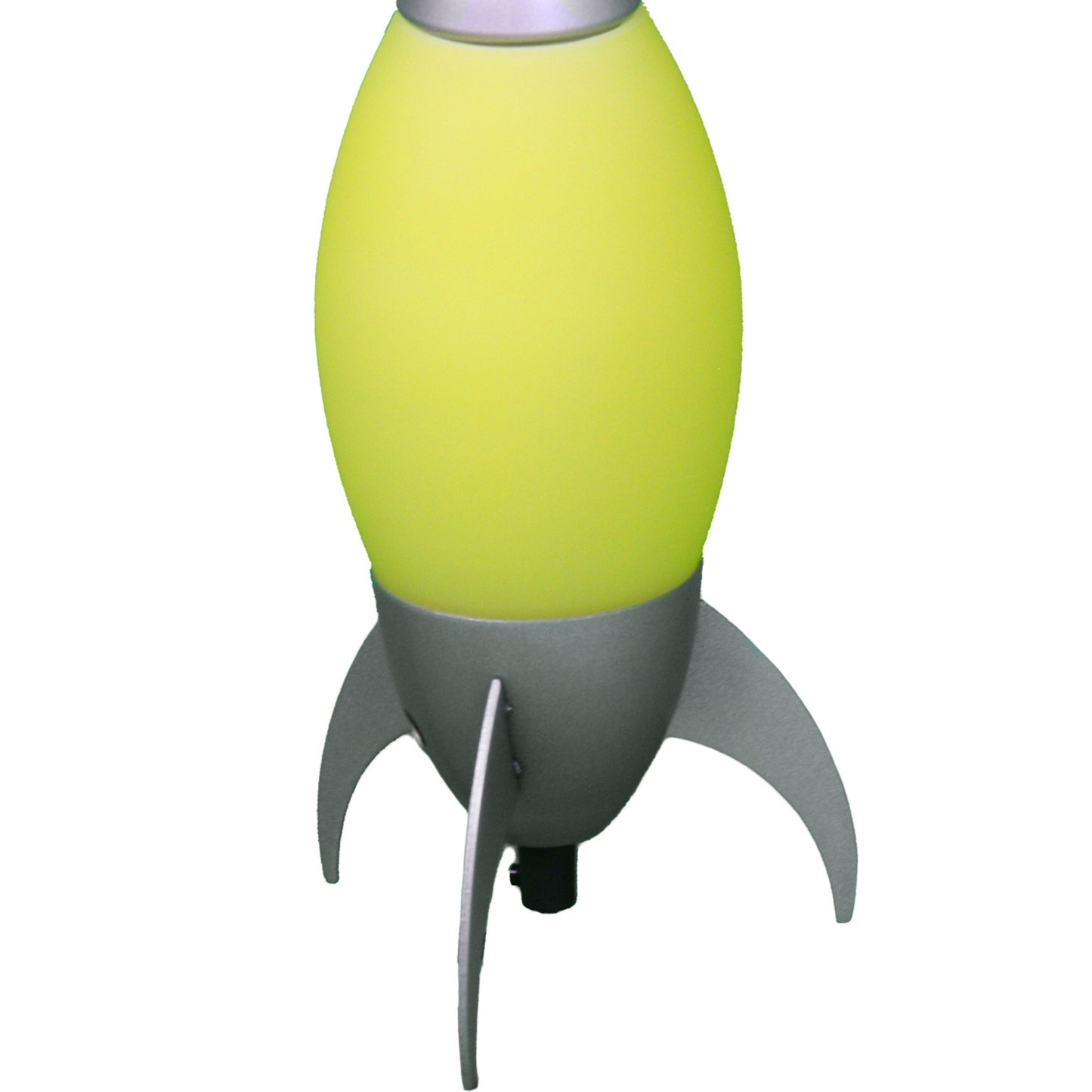 Yellow rocketshaped desk lamp with silver fins perfect for a childs room decor