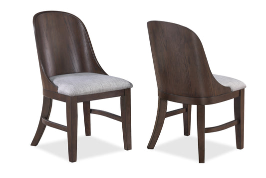 Dark wood dining chair with curved back and grey upholstered seat