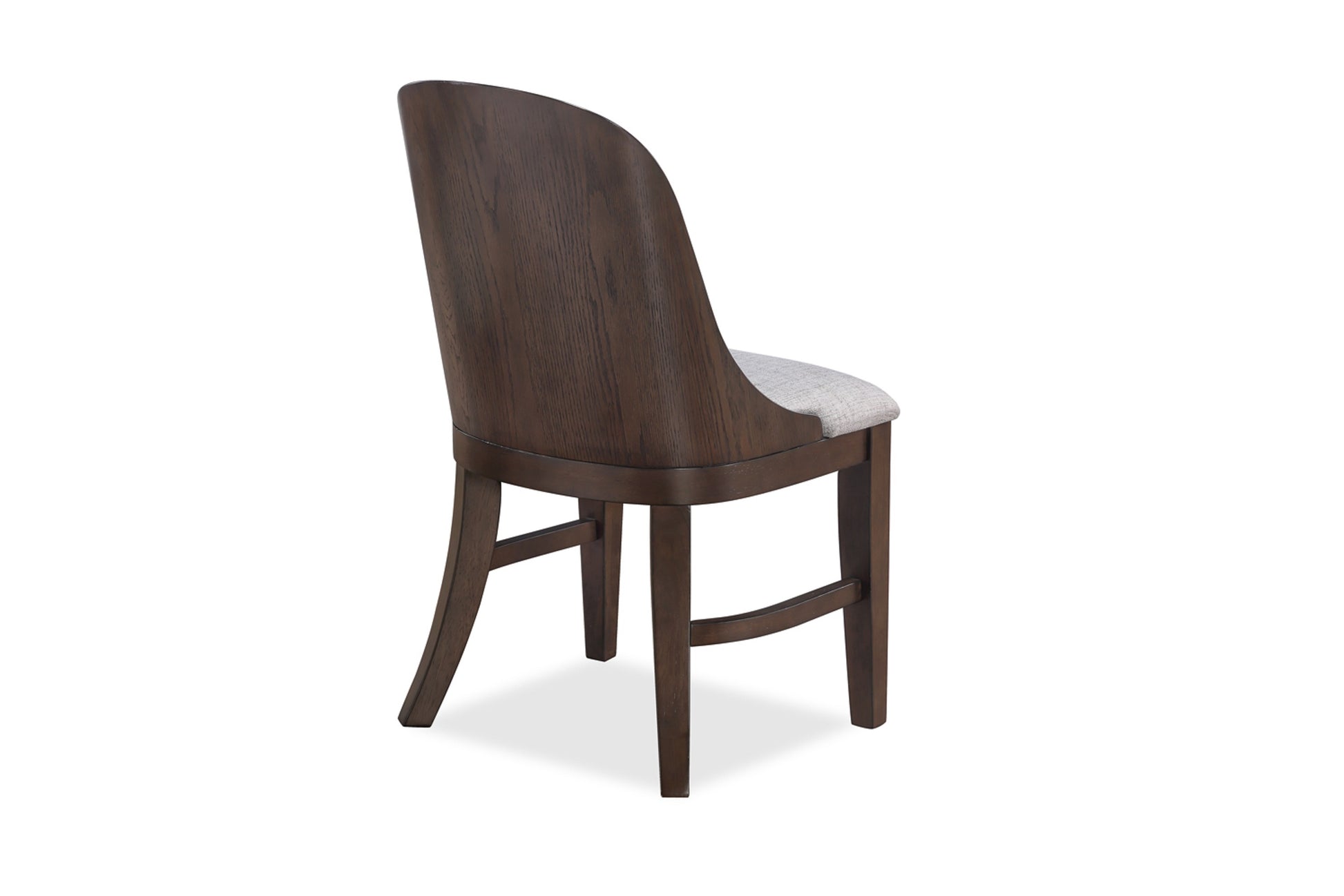 Dark wood dining chair with light grey upholstered seat and curved backrest