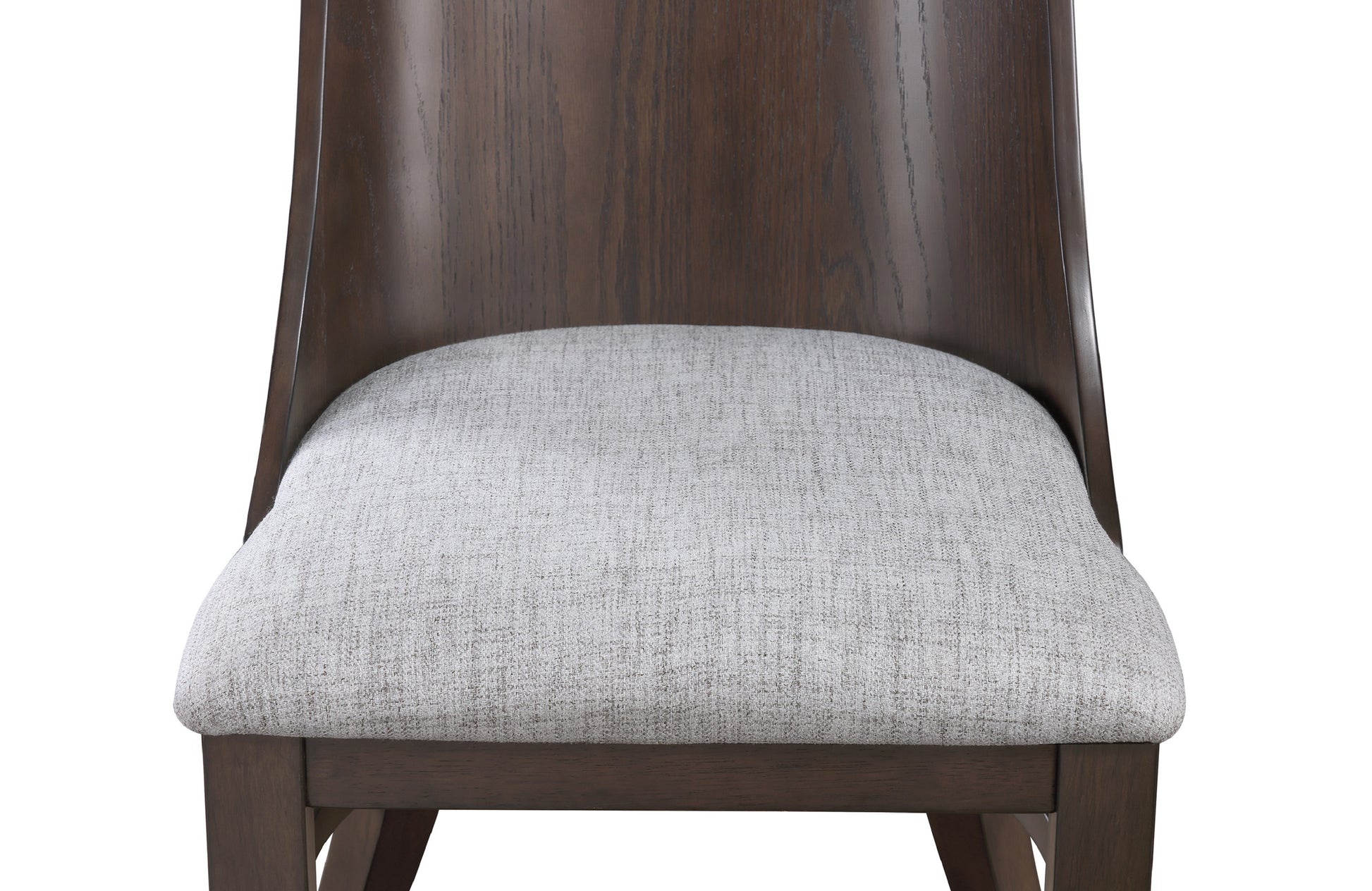 Modern dark wood dining chair with light grey upholstered seat