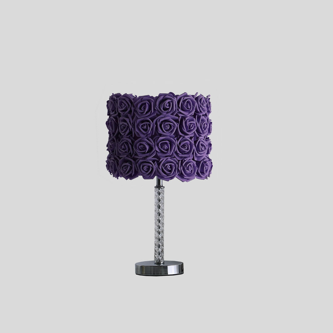 Purple rose lamp with a decorative crystal stem and chrome base for elegant bedroom lighting